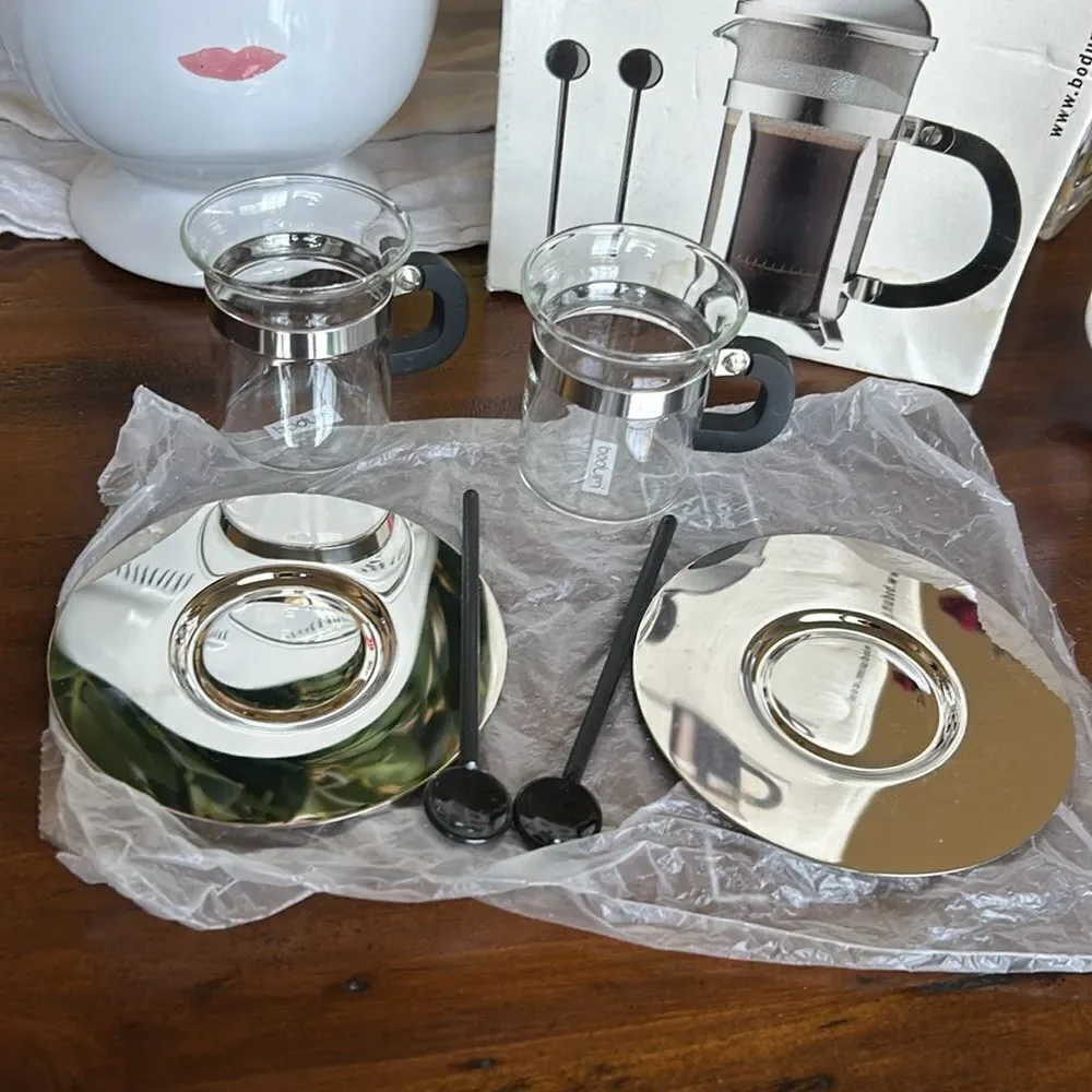 Bodum 2 cups with saucer and 2 spoons NeW Vintage